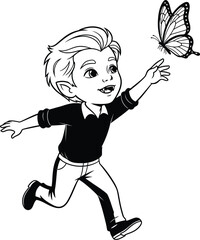 Obraz premium A cartoon of a young vampire boy reaching for a butterfly in black and white