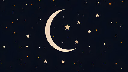 Naklejka premium Minimalist Crescent Moon in Pitch-Black Sky with Faint Star Clusters Modern Vector Desig