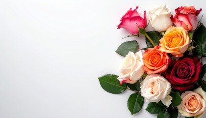 Colorful roses, cream, orange, red, & pink, arranged on white
