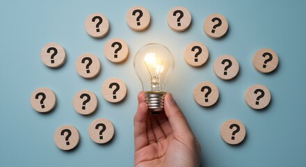 Illuminated Light Bulb Solution to Multiple Questions, Concept of Problem Solving and Ideas