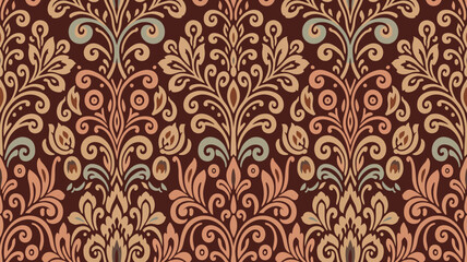 Elegant ornamental pattern showcases a refined floral design in muted peach, tan, and brown tones, perfect for backgrounds and textile applications, Filipino traditonal embroidery seamless design