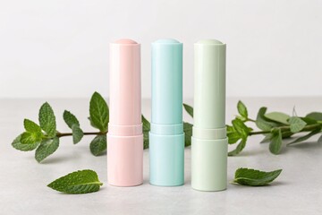 Lip balm tubes in pastel hues standing vertically in minimal product scene