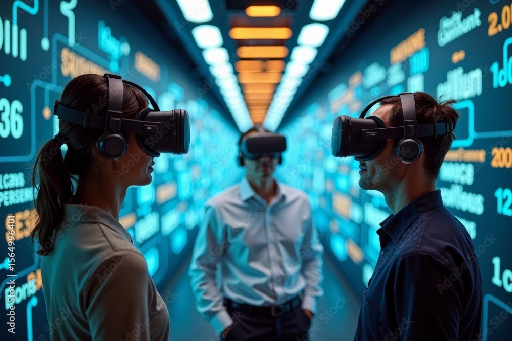Aufkleber executives navigate company challenges and goals using virtual reality headsets in digital labyrinth