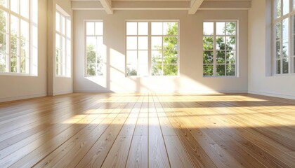 Fototapeta premium Bright, empty room with wood floors and large windows flooding space with sunlight