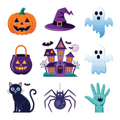 Obraz premium 2d vector illustration Halloween t shirt icon design items ghost character Candles in carved pumpkin 
