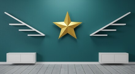 Teal Room Interior Design with Golden Star, Floating Shelves, and White Cabinets - Modern Minimalist Style