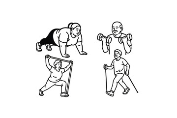 Hand drawn illustrations plus size individuals engaged in sport or fitness activities