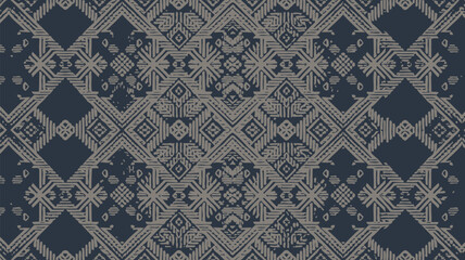 Geometric textile pattern shows detailed weaving with diamond, square and cross shapes in blue, beige and deep red shades, Filipino traditonal embroidery seamless design, Yakan cloth design