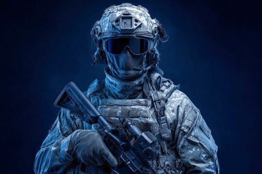 Soldier in camouflage gear holds a rifle wearing a helmet with goggles and a face covering