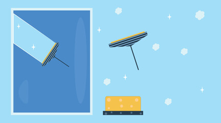 Flat vector illustration of window cleaning with a squeegee and sponge on a bright blue background. Sparkles and foam bubbles emphasize cleanliness and freshness