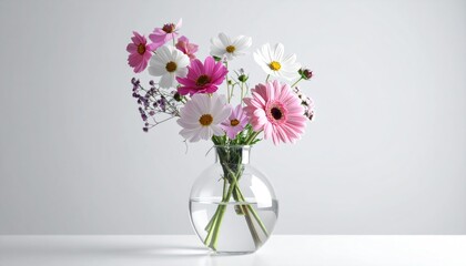 Flower bunch, pink & white, in round, clear vase on white surface