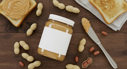 bread and butter, Peanut butter jar with blank label, surrounded by peanuts, toast, and knife on wooden table. Ideal for packaging mockups, food ads, branding, or breakfast themes