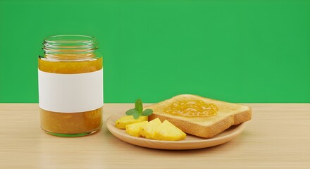  Pineapple jam jar with blank label, fresh pineapple cubes and toast on plates over green background. Perfect for packaging mockups, food ads, branding, or breakfast themes.