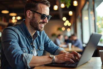 Reflection of person working on laptop, seen in sunglasses at coffee shop.
