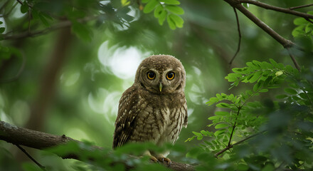 Obraz premium Small owl sitting quietly on a branch in the forest.
