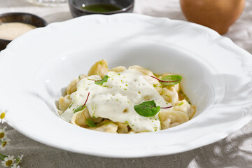 Pelmeni with cheese espuma in bright natural light, overhead composition in a deep white plate