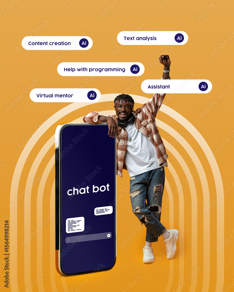 Poster engaging individual interacts with an ai chat bot for assistance and programming help in a vibrant s