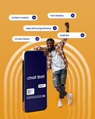 Engaging individual interacts with an AI chat bot for assistance and programming help in a vibrant...
