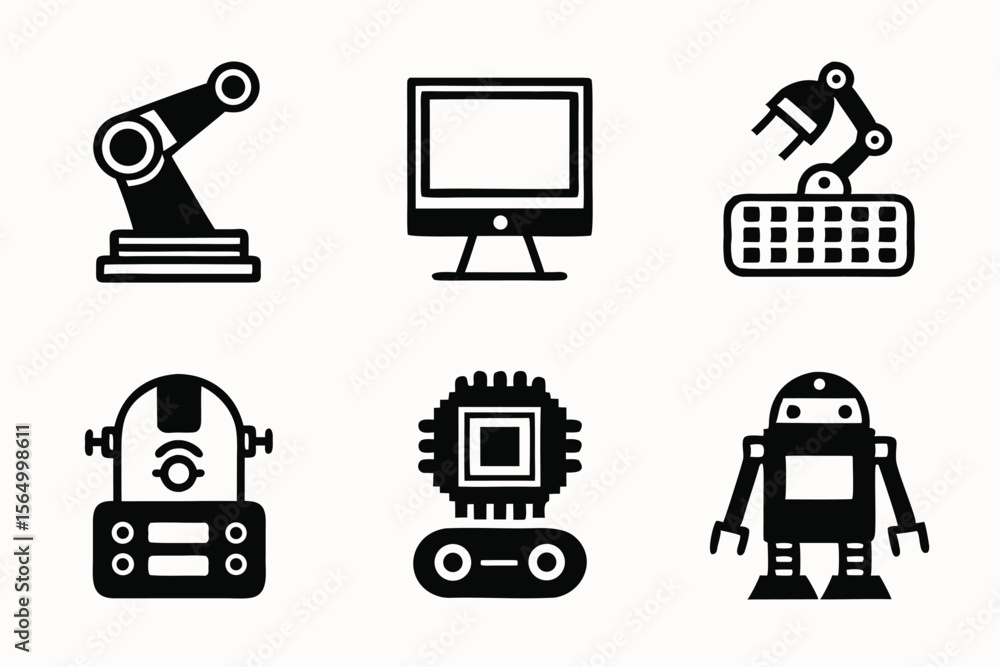 Poster set of six black and white icons representing robotics and technology concepts