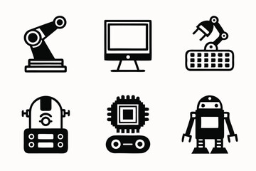 Set of six black and white icons representing robotics and technology concepts