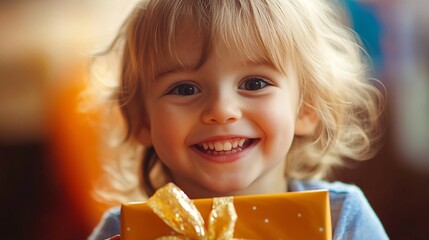 Joyful Child Unwrapping Birthday Gift with Delightful Smile