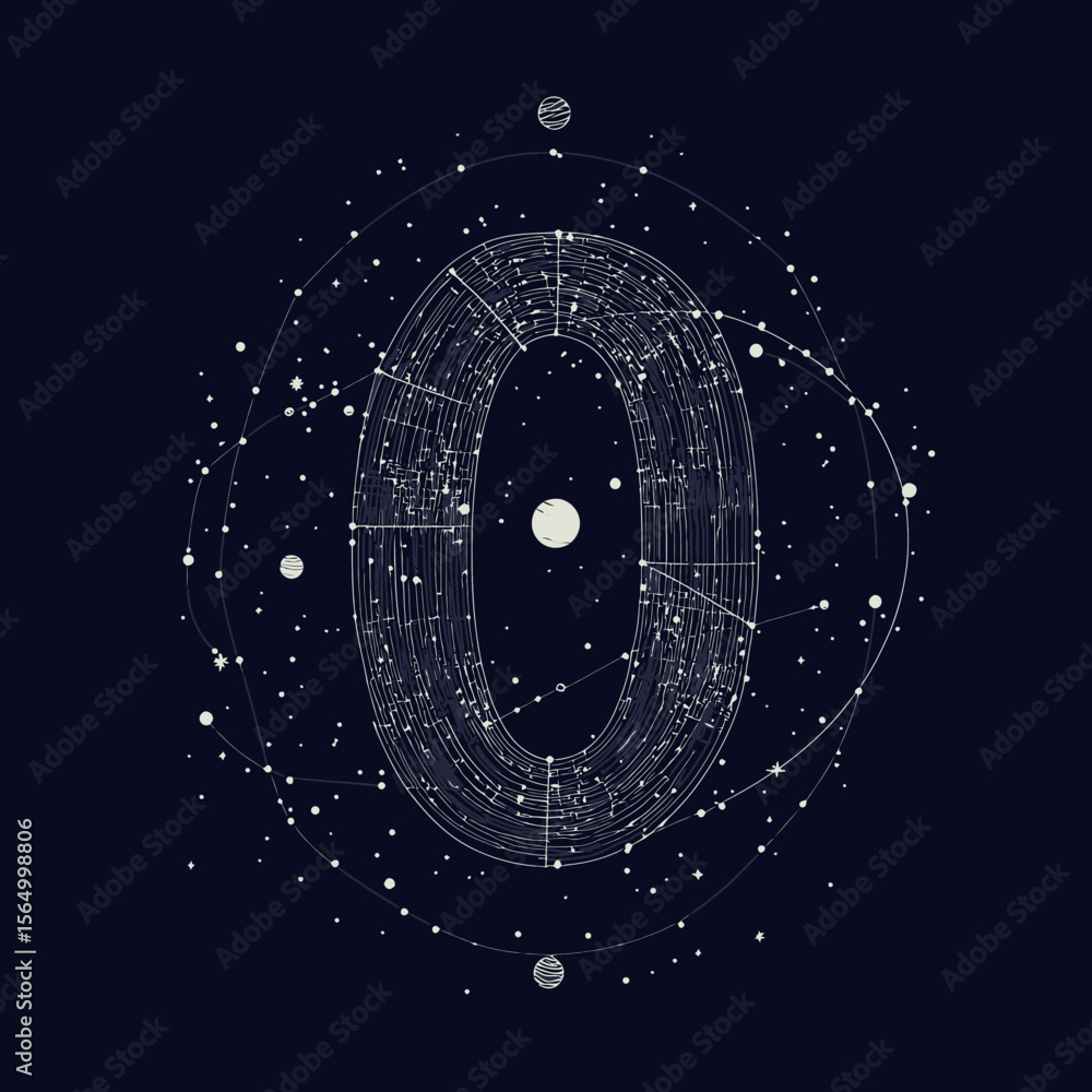Poster abstract zero digit formed by interconnected celestial bodies and orbit lines in starry space digita