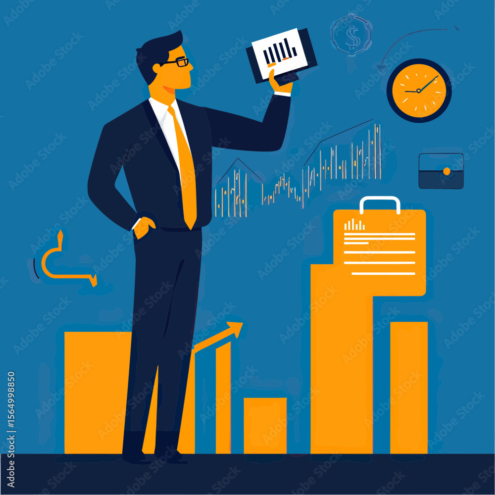 Aufkleber businessman analyzing financial data and charts on tablet with abstract graphs and business icons on