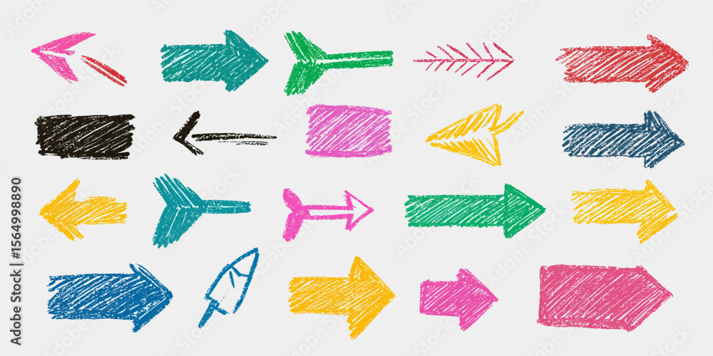 Poster colorful hand drawn crayon scribble arrows and markers with diverse shapes and directions on white b