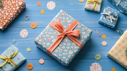 Festive Flat Lay of Colorful Wrapping Paper and Birthday Tags for Gift Wrapping