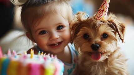 Joyful Moment: Child and Puppy Celebrating Birthday Together