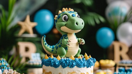 Adorable Dinosaur Celebrating Birthday With Colorful Cake