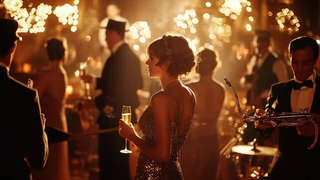 A woman in a shimmering flapper dress attends a roaring twenties themed party, holding champagne amidst sparkling fireworks and live music