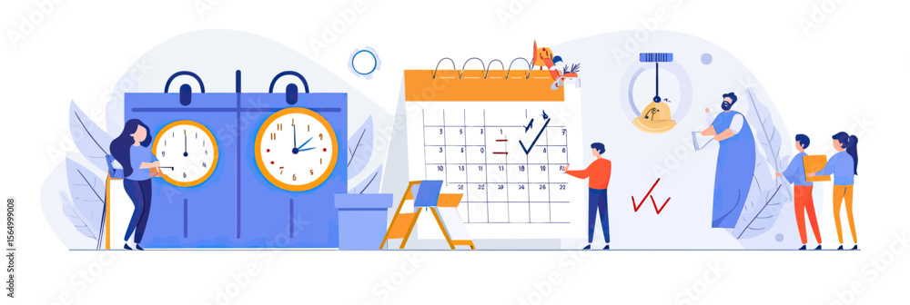 Poster time management and schedule planning with characters marking calendar and checking clocks for produ