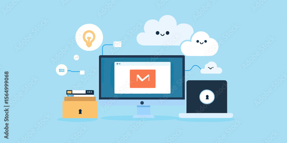 Poster cloud computing data security concept with desktop computer, laptop, cloud storage icons, file backu