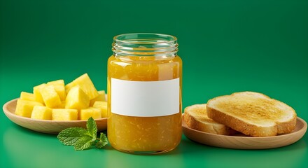 Pineapple jam jar with blank label, fresh pineapple cubes and toast on plates over green background. Perfect for packaging mockups, food ads, branding, or breakfast themes.