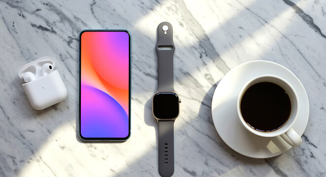 White earbuds phone smartwatch coffee cup charging case