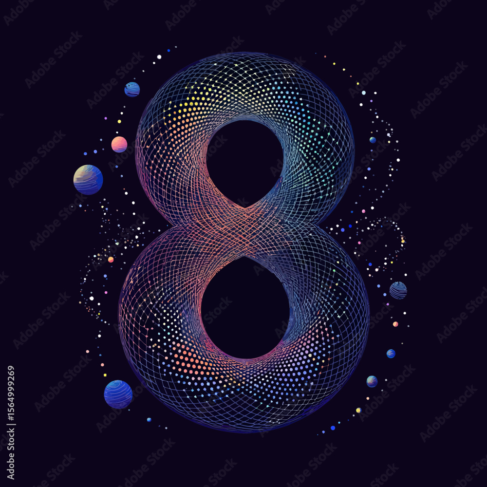 Poster abstract wireframe number eight with starry sky and planet elements in cosmic space digital art desi