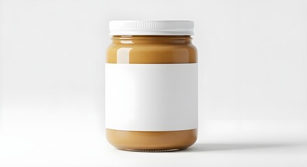 Peanut butter jar with blank white label on white background. Ideal for packaging mockups, branding design, advertising, or product presentations.