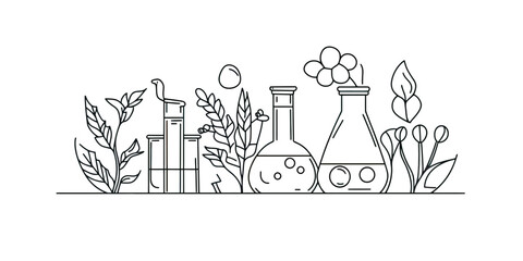 Hand drawn science laboratory glassware with plants and flowers doodle vector illustration for education biology chemistry research and experiment concepts in flat minimalist style