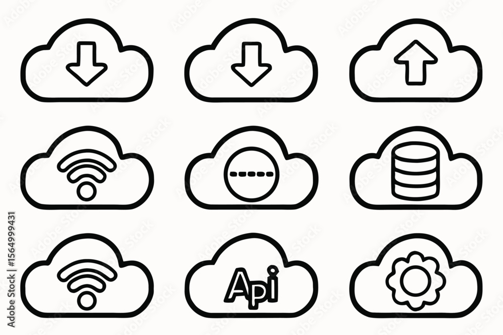 Poster collection of cloud computing icons representing data storage and connectivity