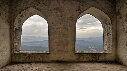Scenic Mountain View from Ancient Stone Arch Windows