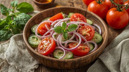 Vibrant fresh salad with tomato onion and mint
