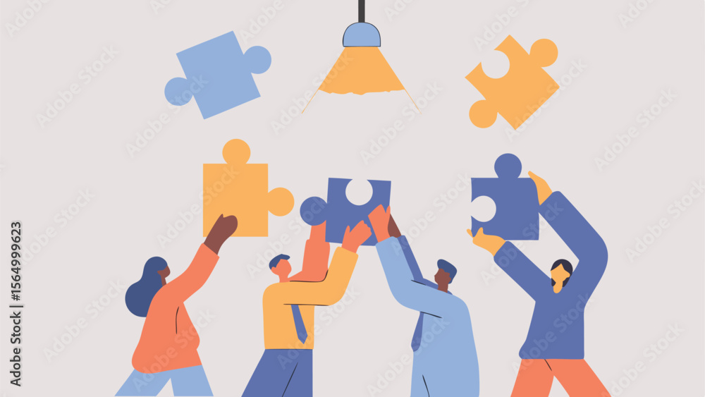 Poster team of people collaborating and connecting puzzle pieces under a lightbulb symbolizing teamwork and