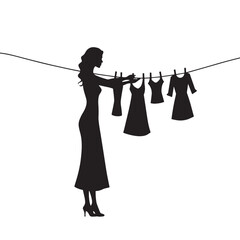 Black Silhouette Vector of Woman Hanging Clothes on Washing Line in Daily Laundry Chore Scene on White Background Full Ultra HD