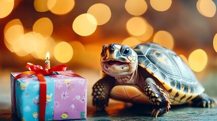 Happy Birthday Turtle - Adorable Reptile with Gift and Cheerful Expression for Celebration