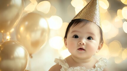 Adorable Baby in Birthday Outfit Sweetly Lit by Soft Light
