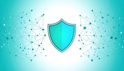Teal shield symbol with network, connecting nodes, on light backdrop