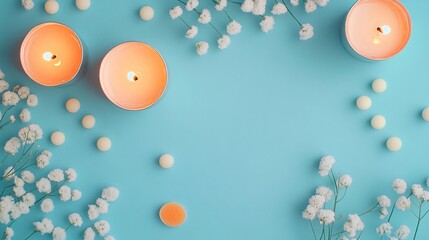 Sweet Celebration Flat Lay with Colorful Candy and Festive Candles on Vibrant Blue Background