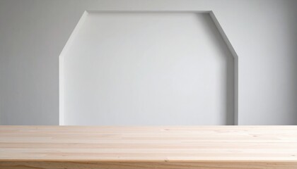 Fototapeta premium Plain wooden counter before light gray wall with recessed arch for display or product placement