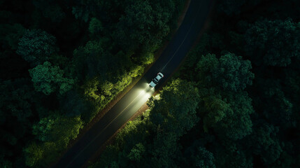 A cinematic aerial view of a car driving through a dense forest at night, its headlights piercing the darkness along a winding road. Ideal for themes of road trips. Generative AI.